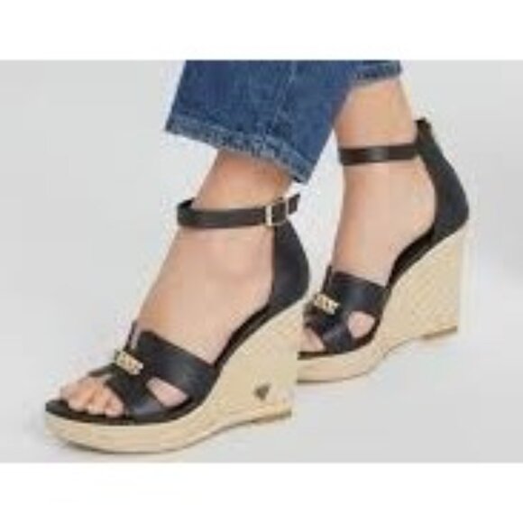 Guess Womens Black Espadrille-Style Wedge Sandals Raffia Sole Gold Logo Sz 10M - Picture 3 of 13